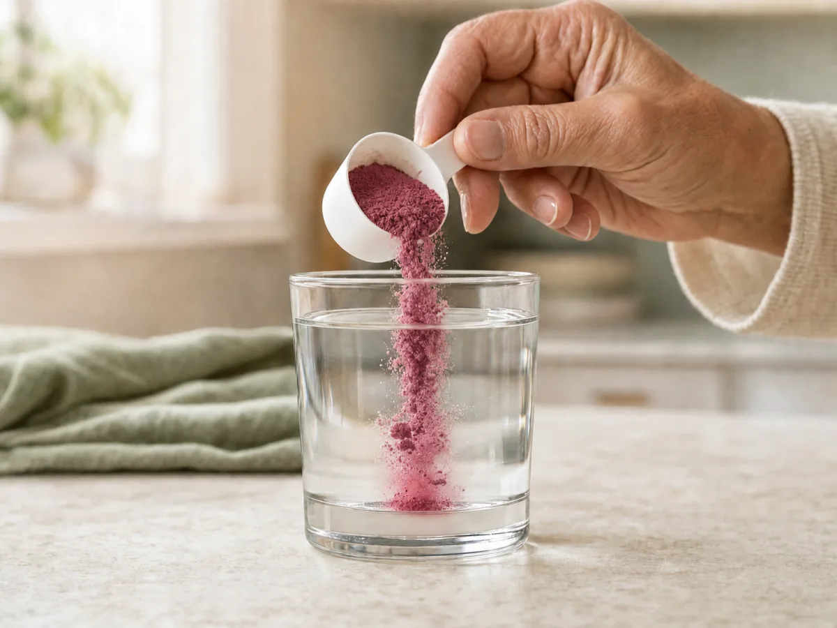 Adding one scoop of berry-coloured powder to a glass of water