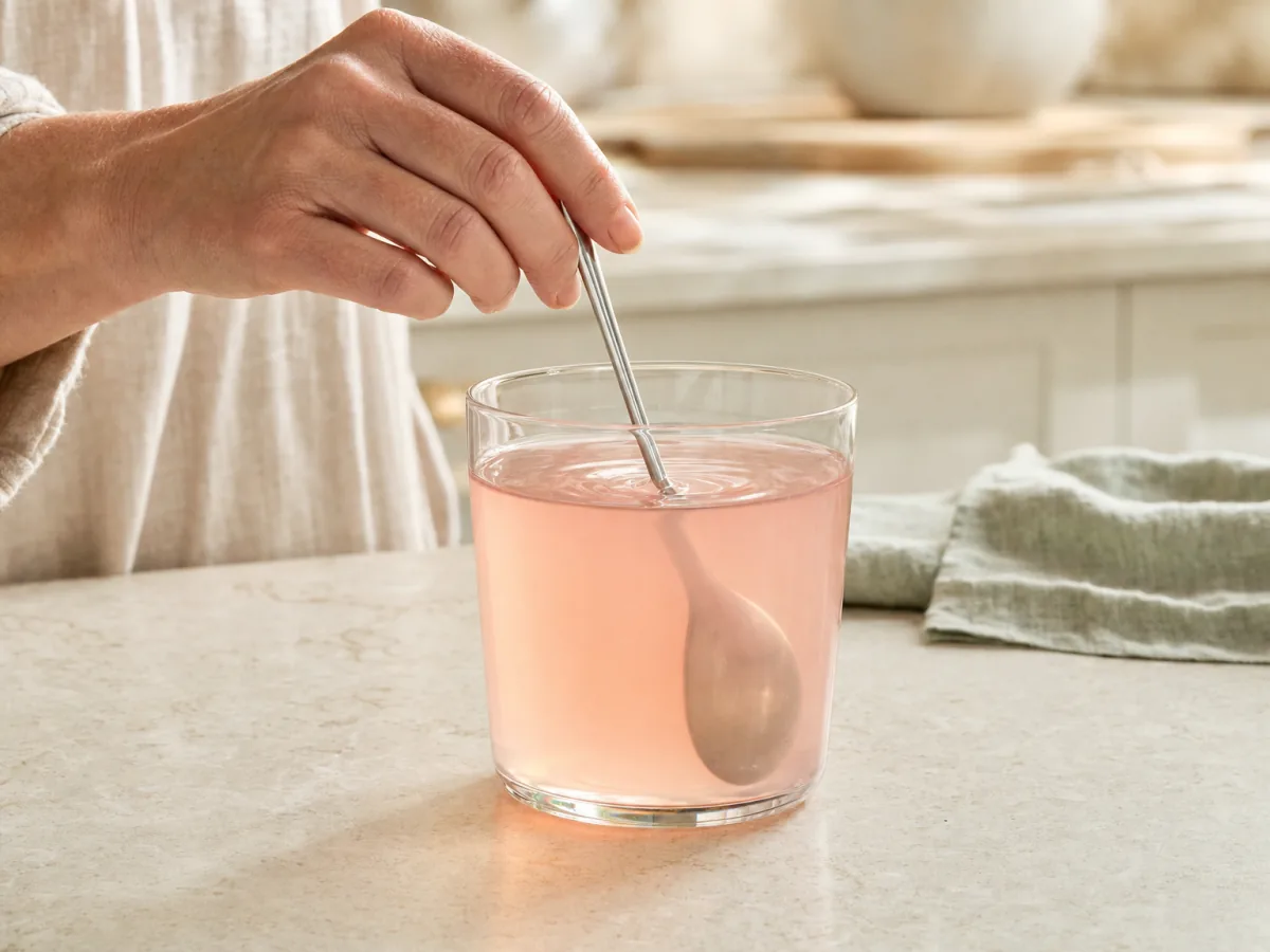 Stirring a pink berry drink with a spoon