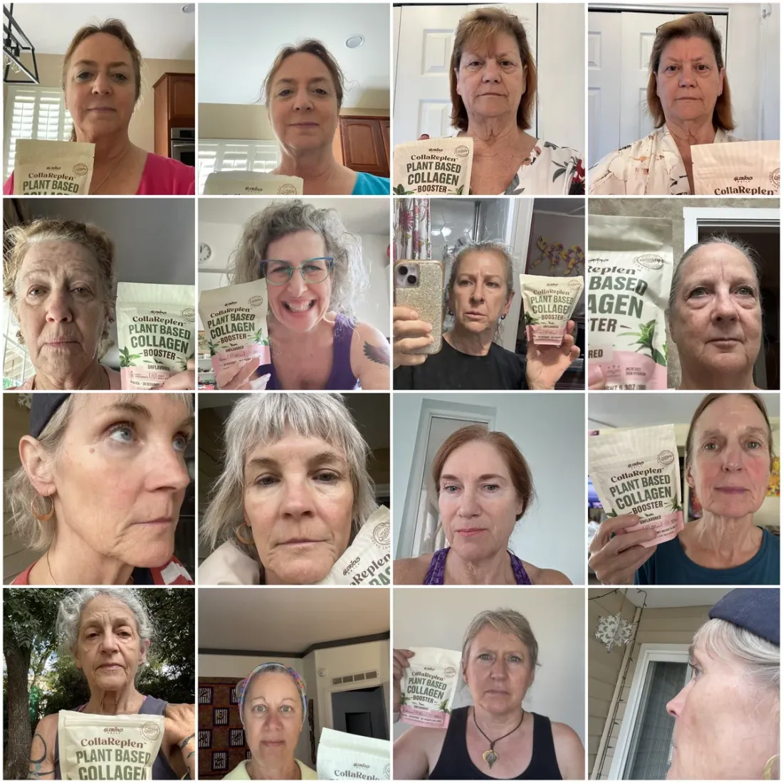 Sixteen women holding CollaReplen — real customers