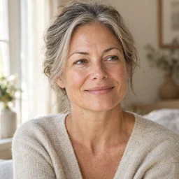 A woman in her fifties smiling, skin looking fresh
