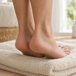 Smooth bare heels resting on a cream towel