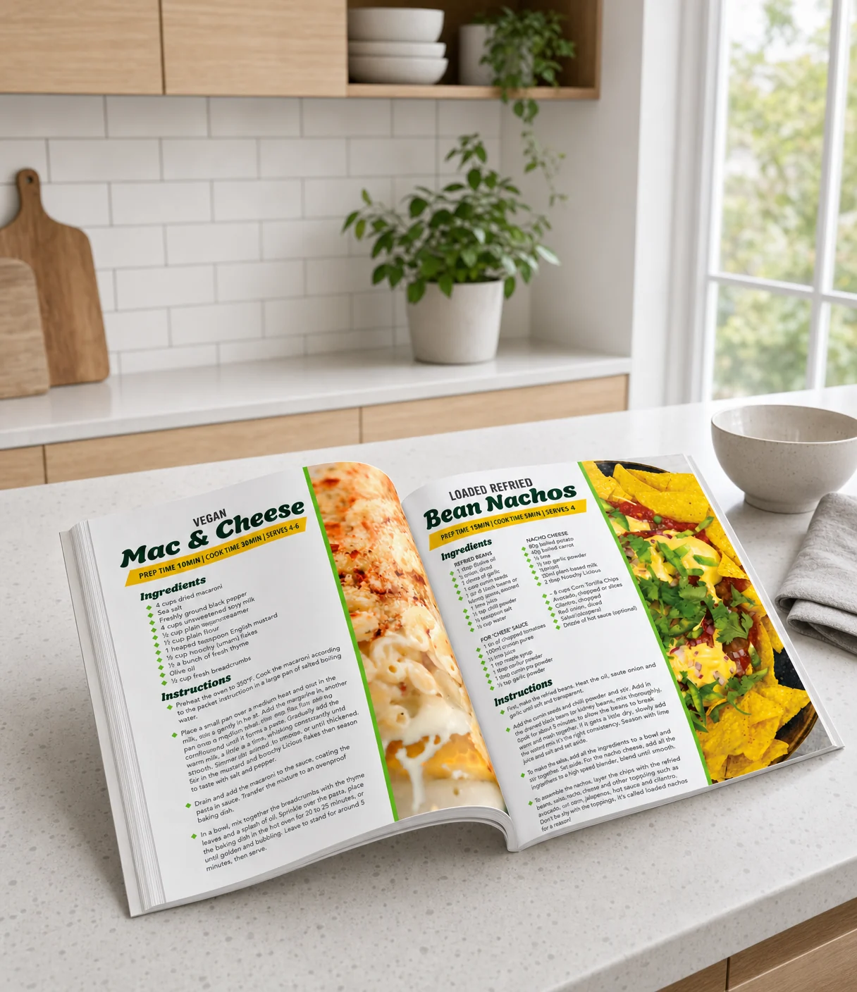 the Creamy & Cheesy cookbook open on a kitchen counter