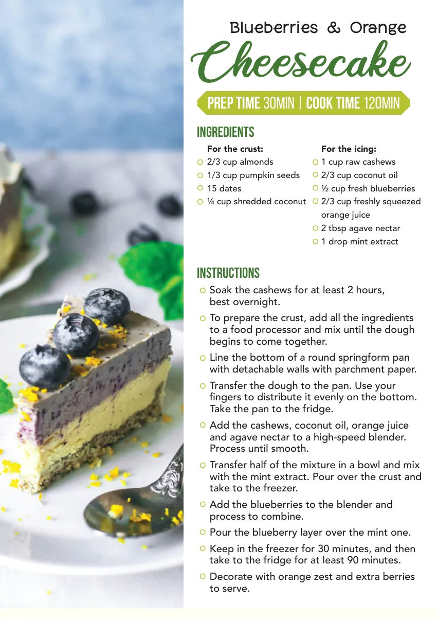 Inside the book: the Blueberries and Orange Cheesecake page