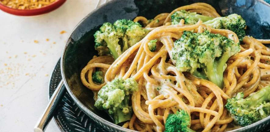 Cheesy Broccoli Spaghetti, photographed for the Magic 5 Cookbook